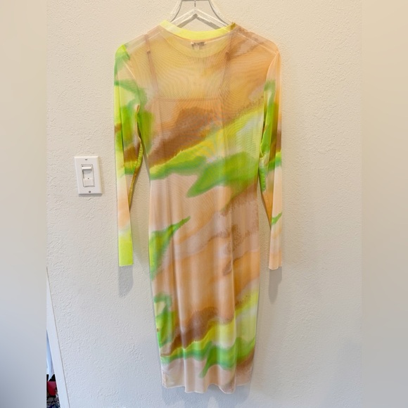 AFRM Loah Long Sleeve Mesh Midi Dress Lime Ombre size Medium - Picture 5 of 8